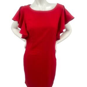 Calvin Klein Womans Red Sheath Ruffle SS Midi Knee Cocktail Party Dress Size 10